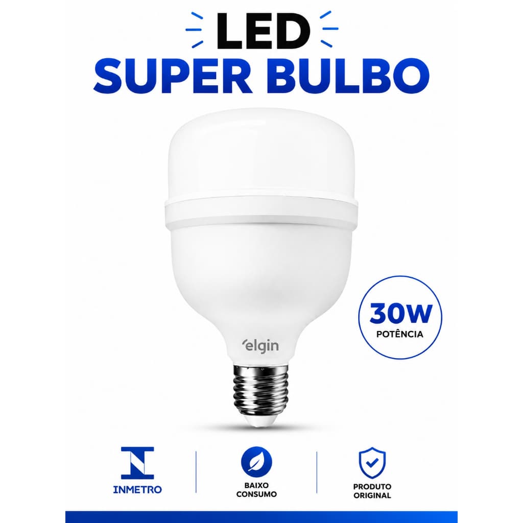 Kit 2/3/4/5/8 Lâmpadas LED Super Bulbo 30W Elgin Alta Potência Branco Frio 6500K Bivolt