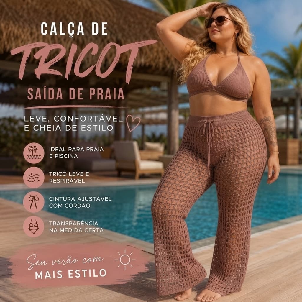 Calça Tricot Saida de Plus Size Piscina Moda Verão Eslilosa Trico Vazado Tamanho 36 ao 50