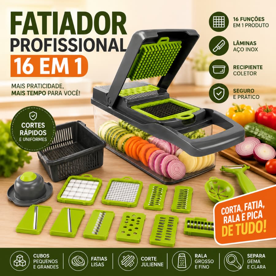 Fatiador De Legumes 16 Em 1 Cortador Com Lâminas Inox Ralador Picador Multifuncional Para Cozinha