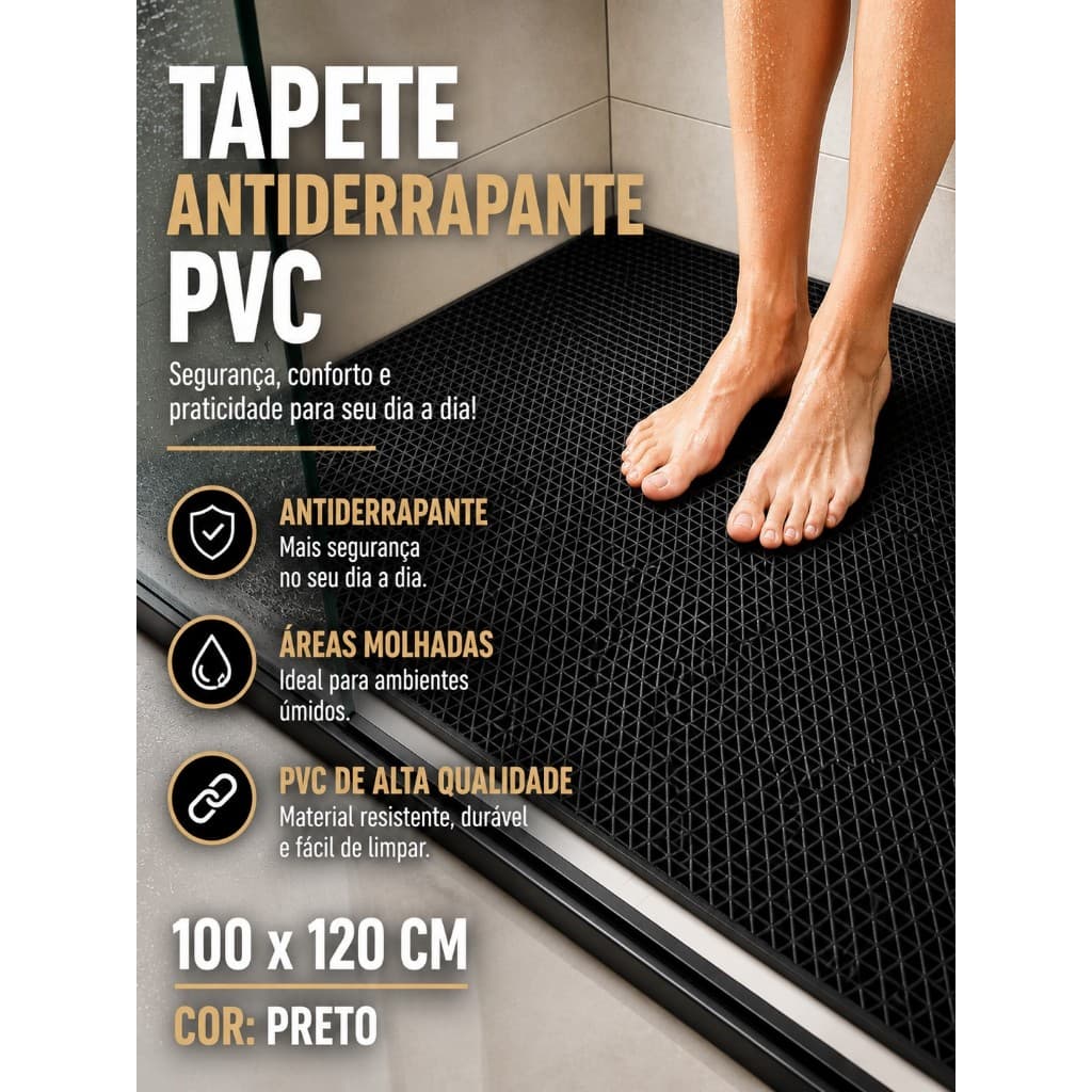 Tapete Antiderrapante para Banheiro Box Piscina Sauna Sanitários Cozinha Área Lazer 100x120 Preto