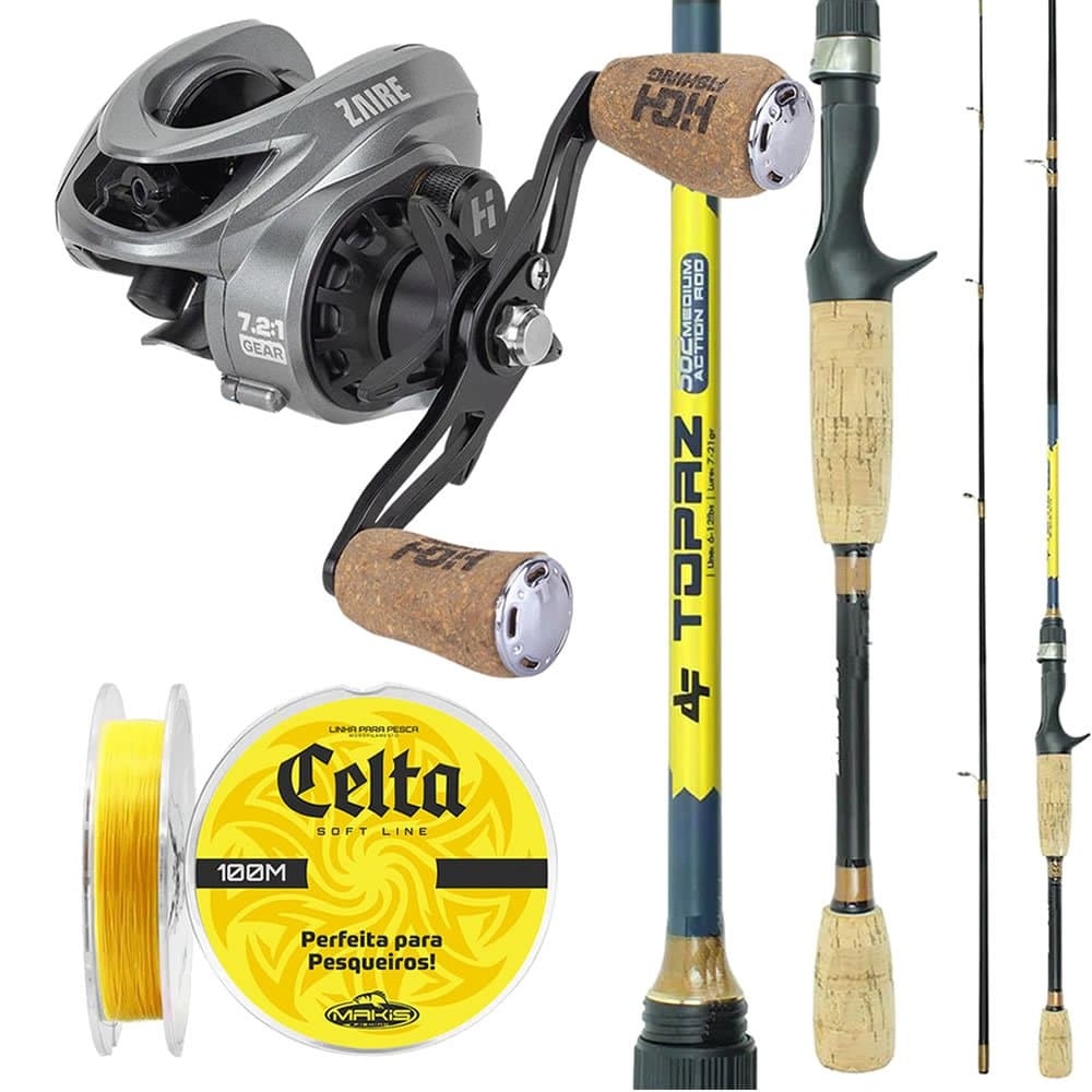 Kit Pesca Carretilha Anti Cabeleira Zaire Vara Topaz Linha