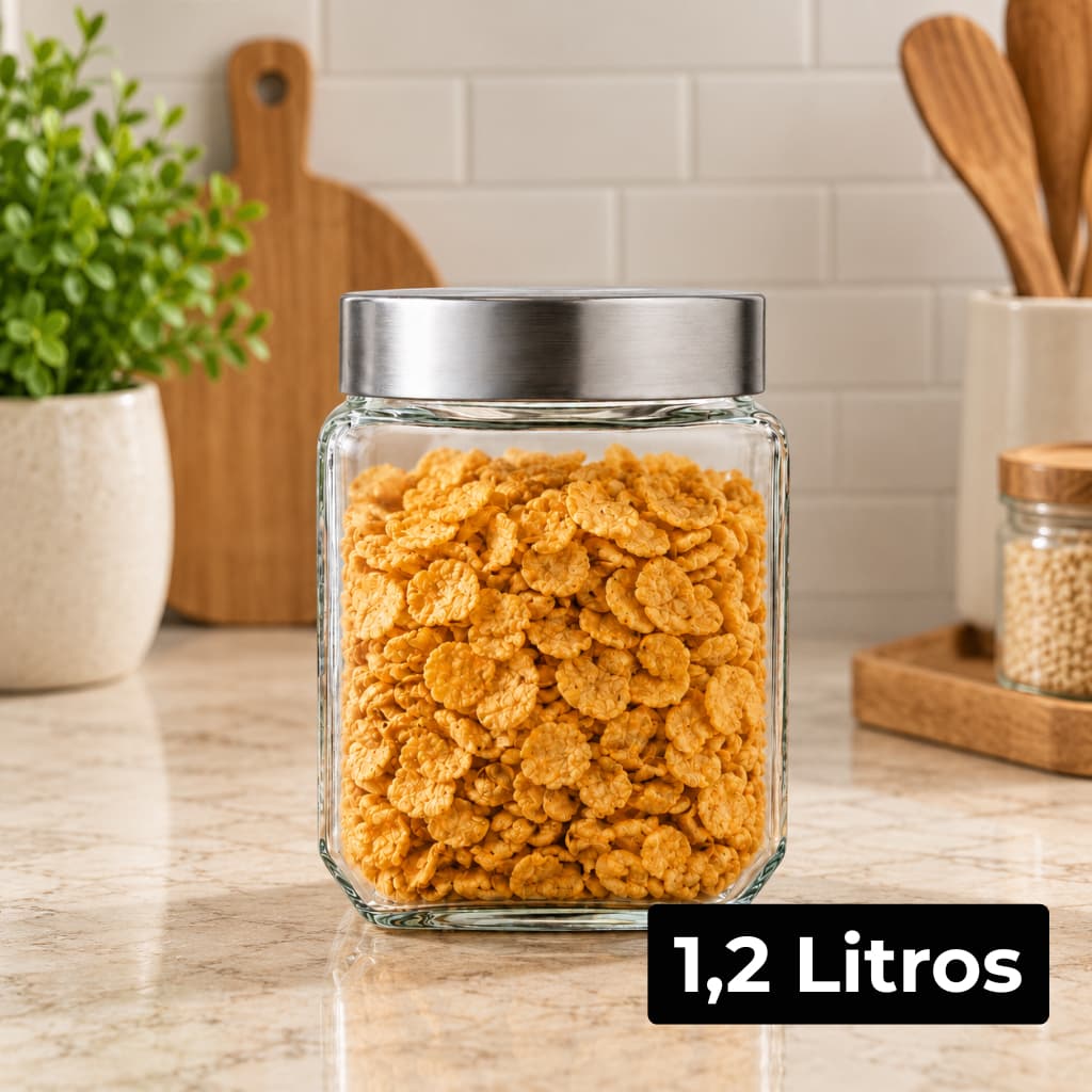 Pote De Vidro 1,2L Quadrado Com Tampa De Rosca Inox Resistente