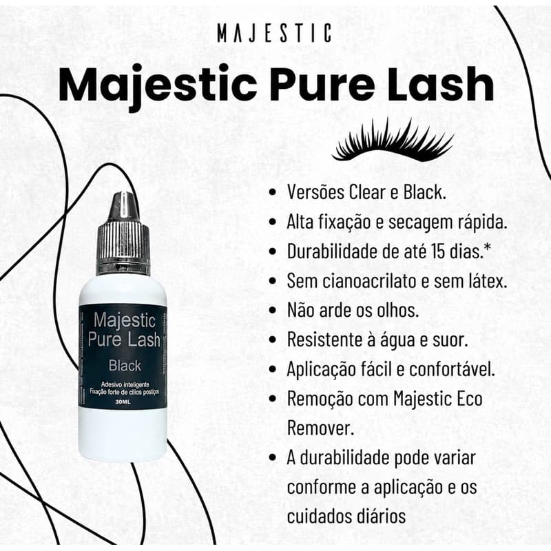 Cola Vegana para Extensão de Cílios Majestic Pure Lash 30ml Zero Ardência Sem Cianocrilato Fio a Fio Tufos e Telas