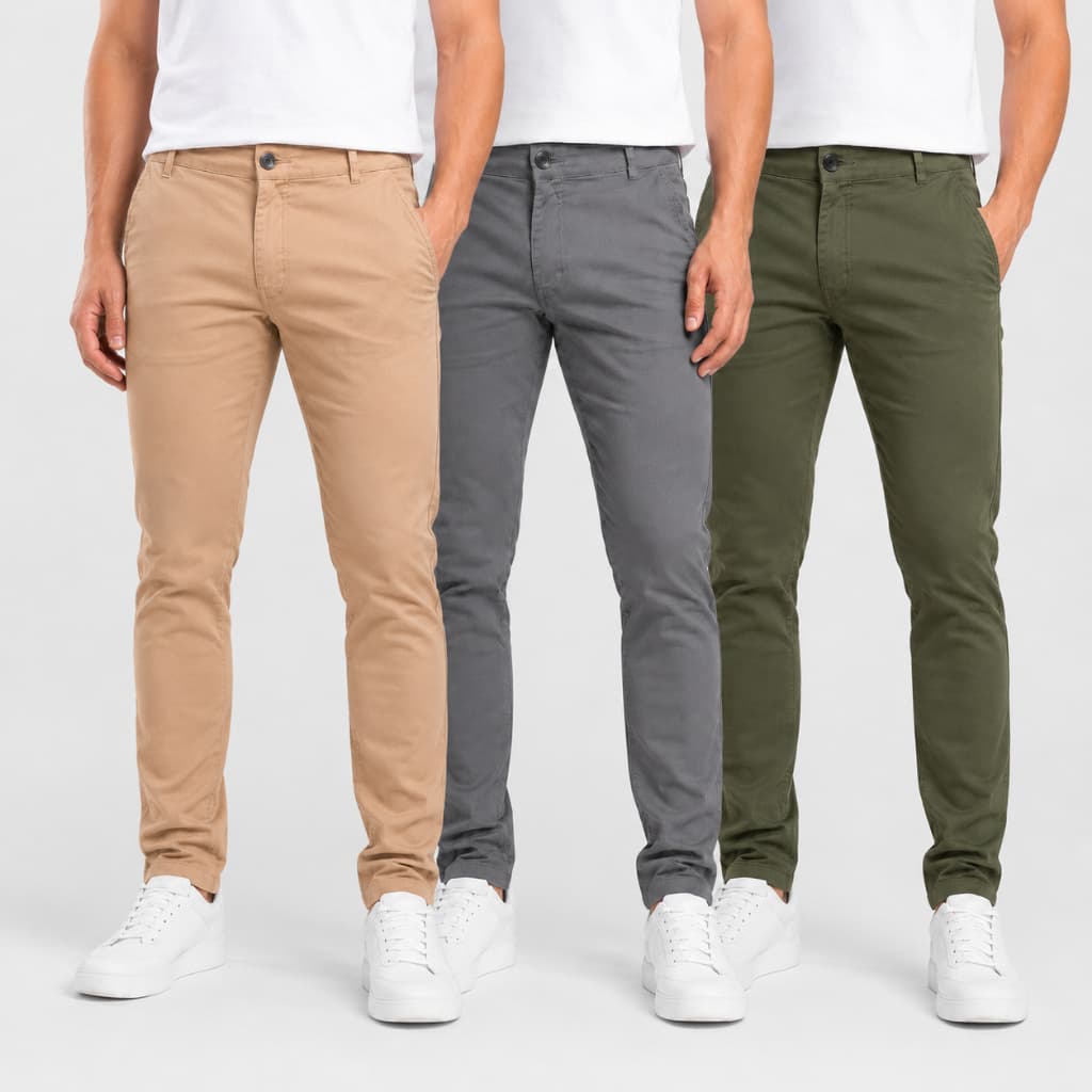 Kit 03 Calças Sarja Masculina Premium Elastano Slim Fit Confortável Algodão Cores Variadas Promoção Combo Moda