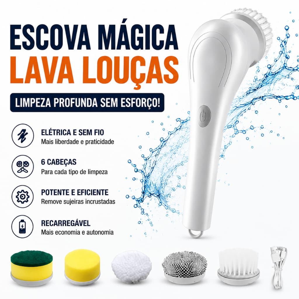 Escova Elétrica Lava Louças Sem Fio Recarregável kit com 6 Cabeças para Limpeza Multifuncional