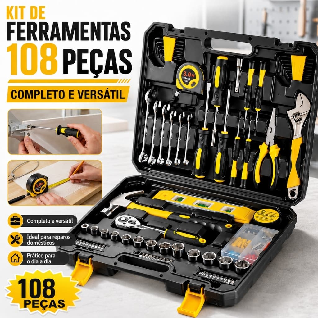 Kit Ferramentas 108 Peças Profissional Completo Maleta Jogo Chaves Soquete Mecânica