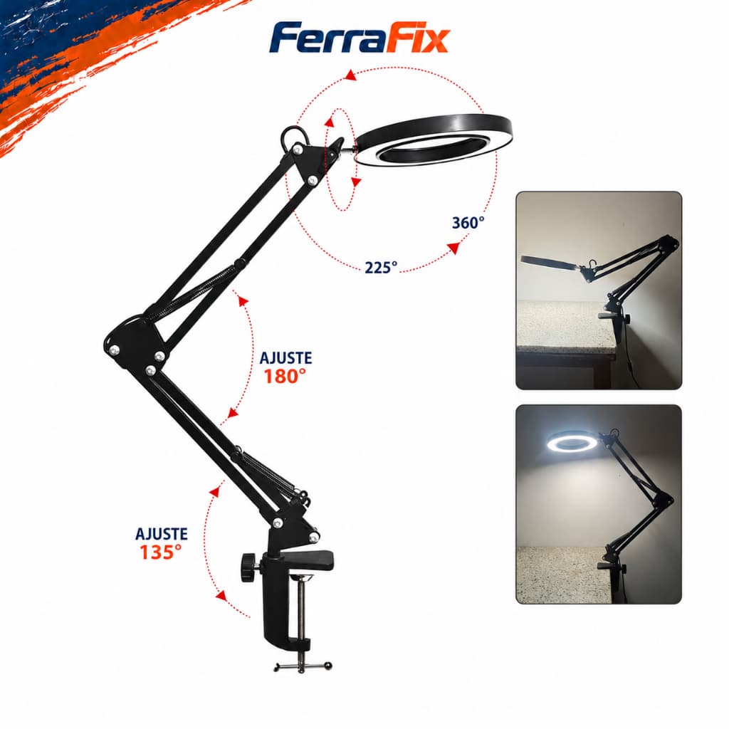 Lupa com Luz LED 10X Articulada com Grampo de Fixação, Lente de Aumento para Reparo Eletrônico e Joias