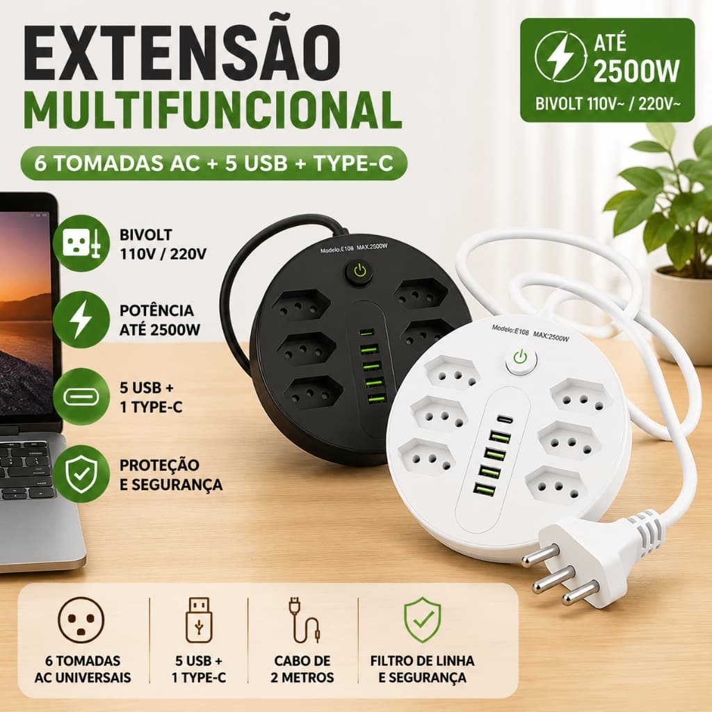 Extensão Tomadas com USB e TypeC Universal Bivolt 110v/220v 2500W Power 2m Filtro De Linha Segurança