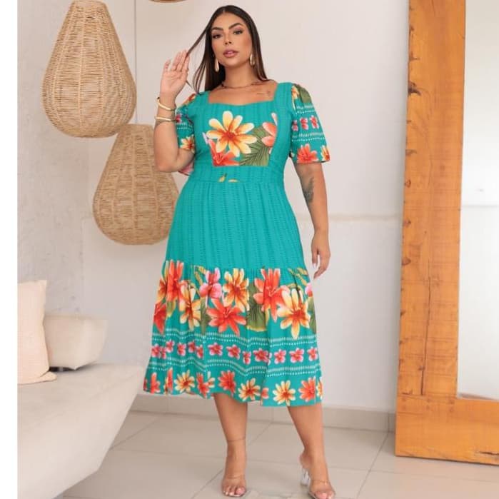 Vestido Midi Plus Size Moda Feminino Estilo Casual Manga Curta Bufante  em Viscolinho tem Elastex nas Costas