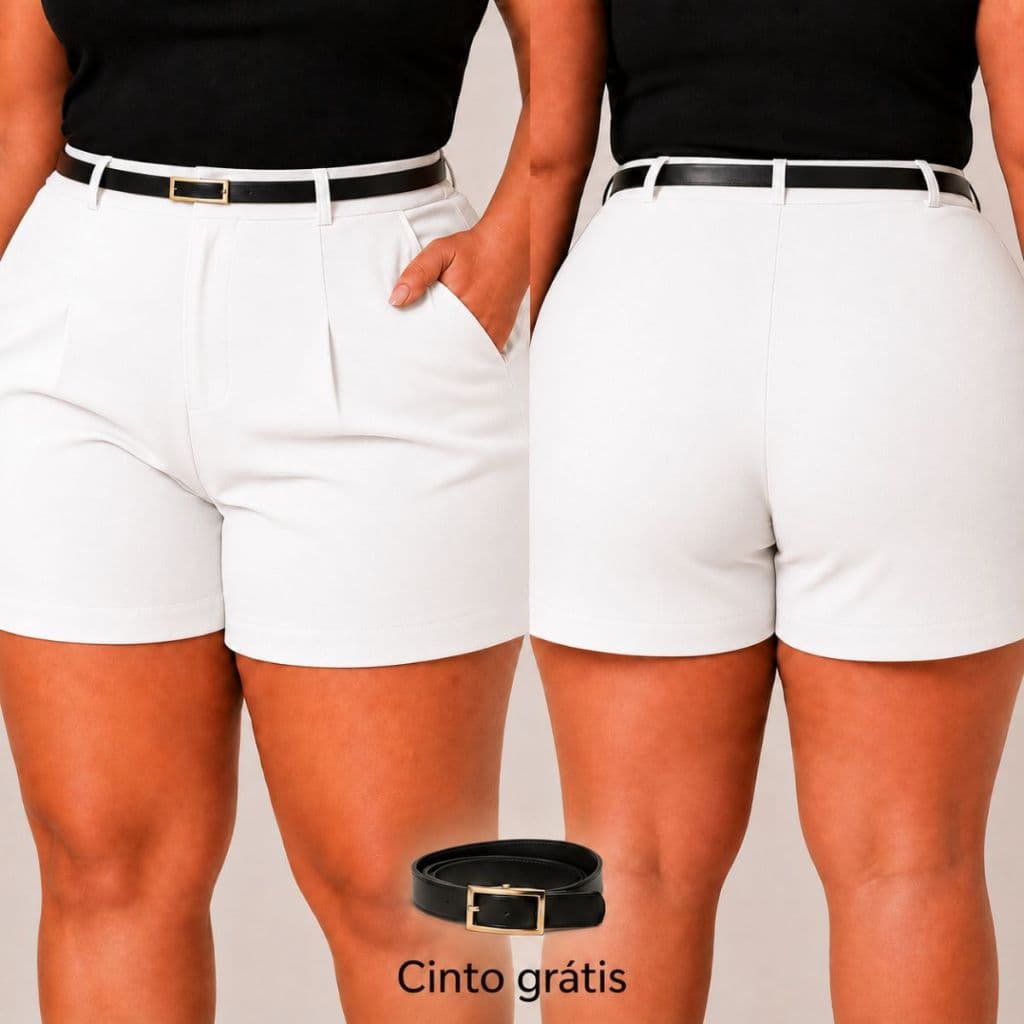 Short Alfaiataria Plus Size Moda Feminina Short Social Com Cinto Fivela Dourada