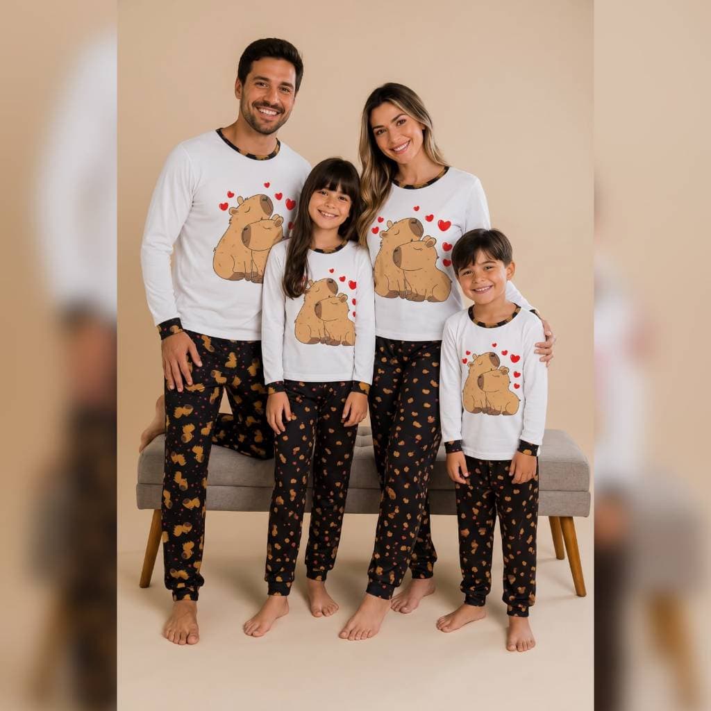 Kit Família Pijama Longo Inverno Pai Mãe Filho Filha Confortável Capivara Frio Estampado Promoção