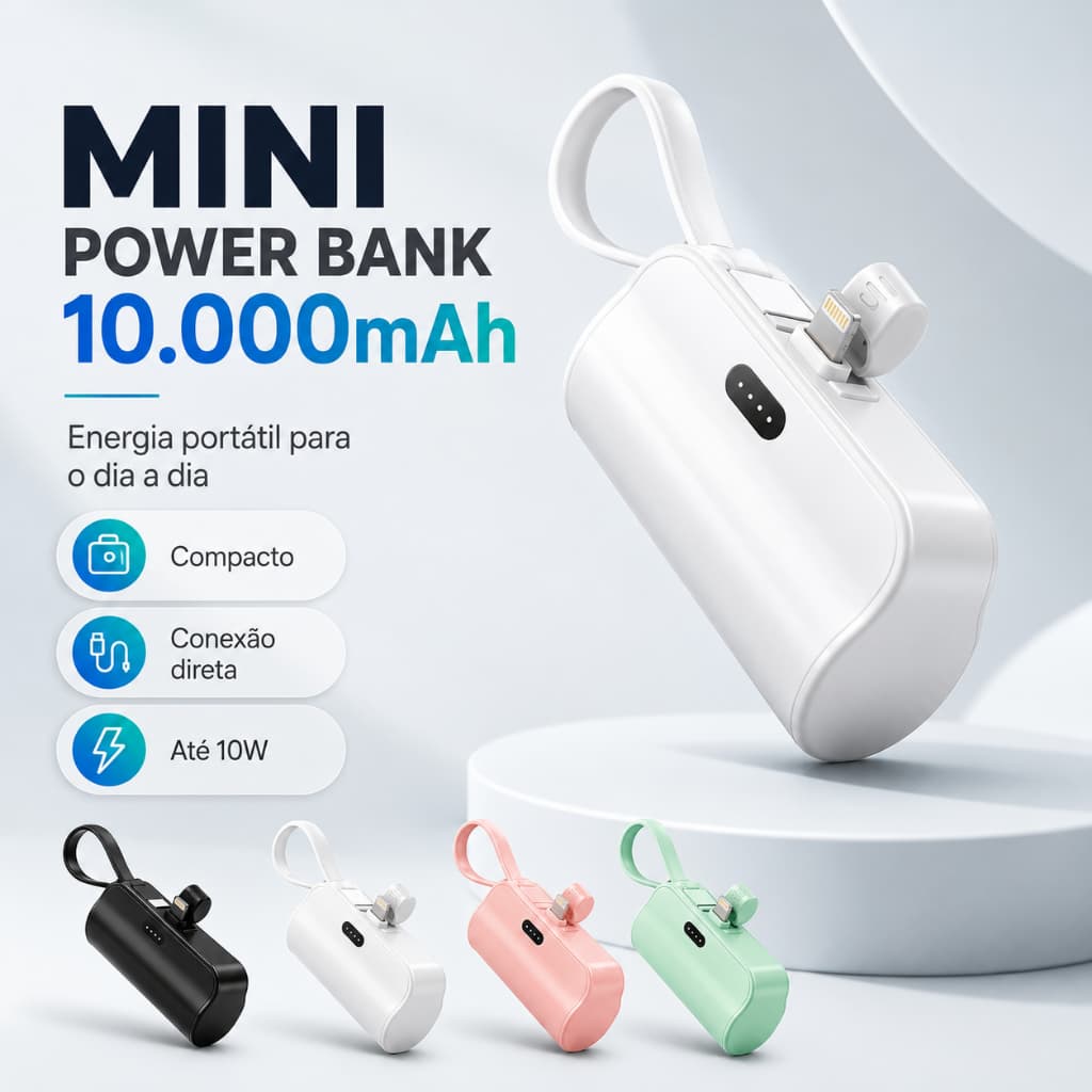 Carregador Portatil Mini Power Bank 10000mAh USB-C  Tipo-C com Suporte Celular Tablet Controle Games outros dispositivos