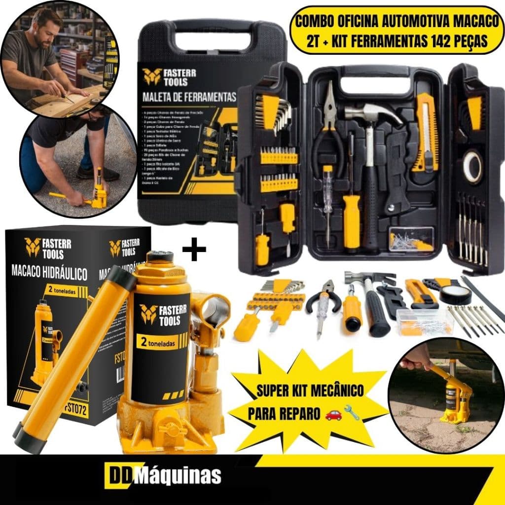 Kit Macaco Hidraulico 2 Toneladas + Kit de Ferramentas 142 Peças - Fasterr
