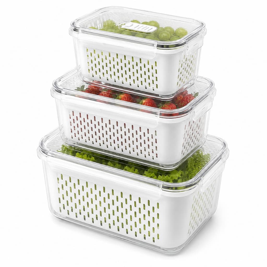 Kit 3 Cestos Organizadores para Geladeira com Escorredor 850 ml, 1750 ml e 3300 ml Caixa Organizadora