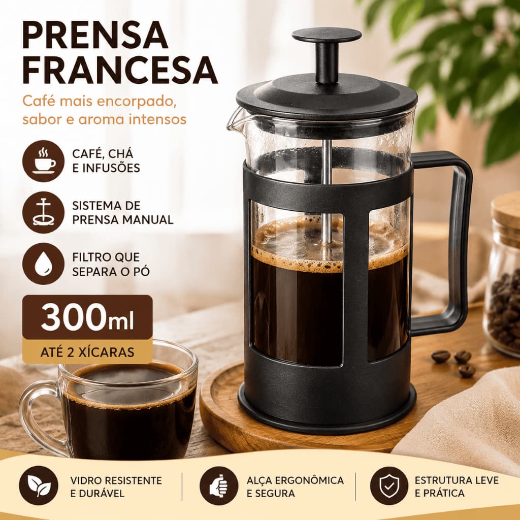 Cafeteira Prensa Francesa 300ml Vidro Preta Manual para Café Chá Infusões com Embolo e Filtro