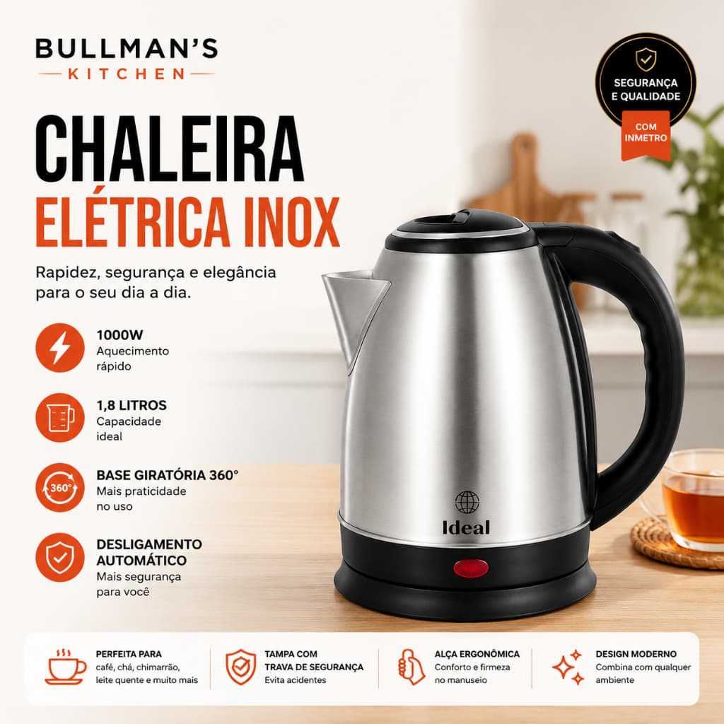 Chaleira Elétrica Inox 1,8 Litros 1000W 127V Ferve Água Rápido Base Giratória 360° Desligamento Automático