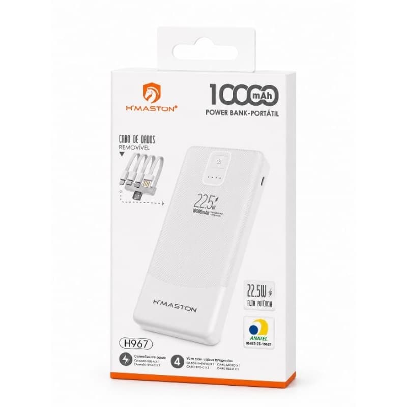 Power Bank 10000mAh 22,5W Turbo Carregador Portátil 4 Cabos Integrados USB-C Universal H'Maston H967