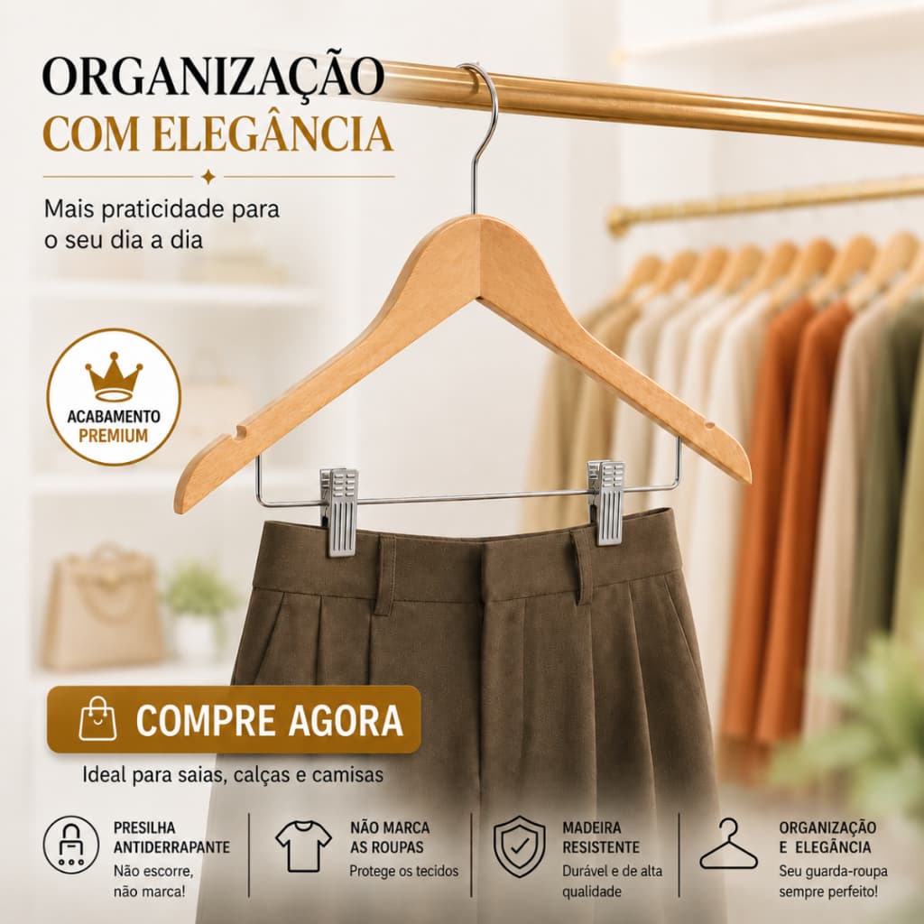 Kit 50 Unidades De Cabides De Madeira De Presilhas Nobre Marfim