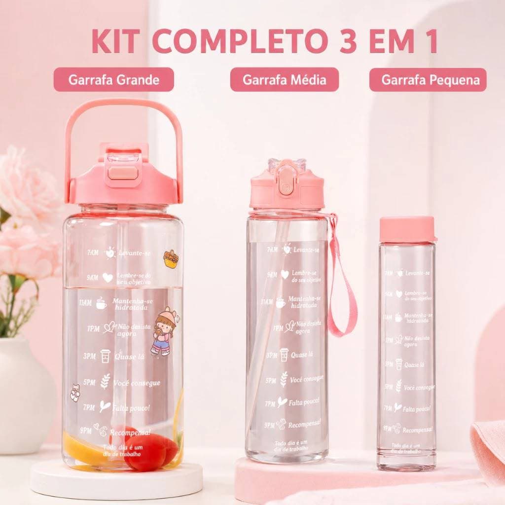 Kit de 3 Garrafas De Água Com 2Litros, 900ml e 300ml frase Motivacional NÃO É POSSÍVEL ESCOLHER A COR
