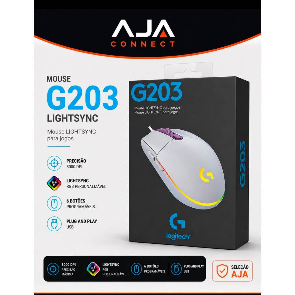 Mouse Gamer Logitech G203 LIGHTSYNC RGB 8000 DPI USB 6 Botões Lílas Original