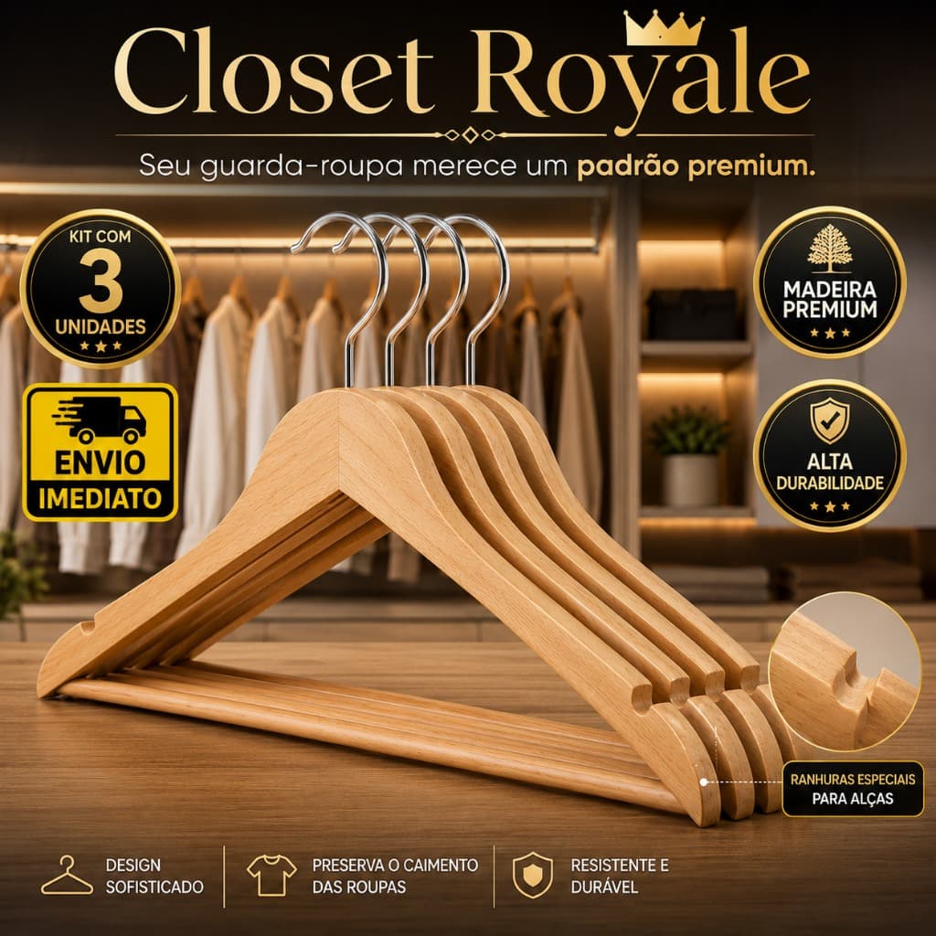 Kit 3 Cabides de Madeira Premium 45cm para Roupas com Ranhura para Alça Gancho Metálico Resistente antiderrapante