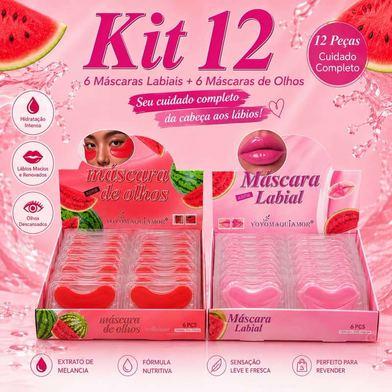 Kit 12 Máscaras Hidratantes | 6 Máscaras Labiais + 6 Máscaras para Olhos | Melancia | Mini Atacado