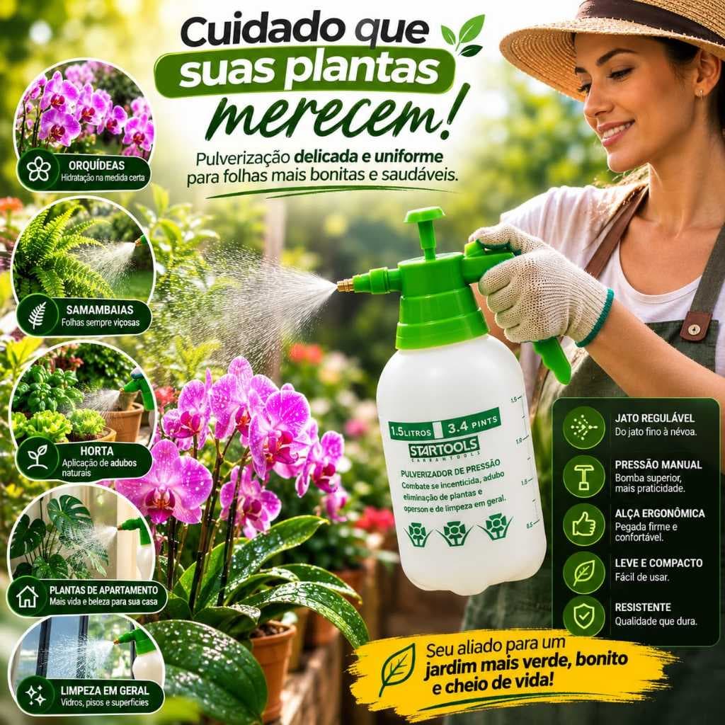 Pulverizador Pressão Manual 1,5L Borrifador Molhar Plantas Jardim Limpeza Pulverizar Água Adubo