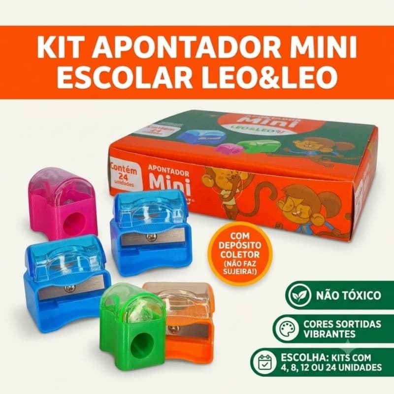 Kit Apontador Escolar Mini Leo&Leo C Deposito Coletor S Sujeira Infantil Cores Sortidas4 8 12 24 und