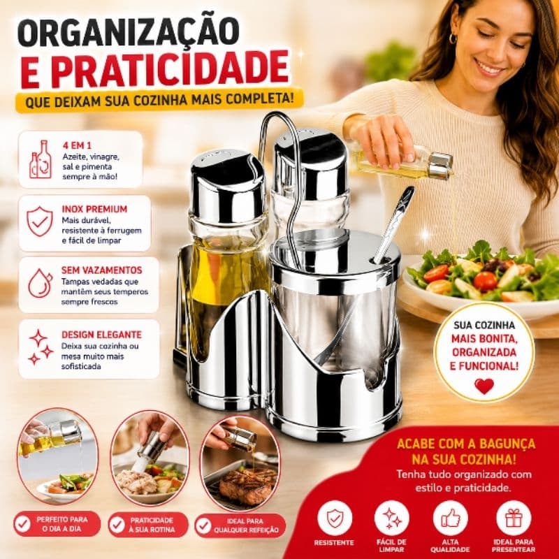 Kit Galheteiro 4 Peças Vidro com Suporte Aço Inox Temperos Sal Azeite Vinagre Pimenta