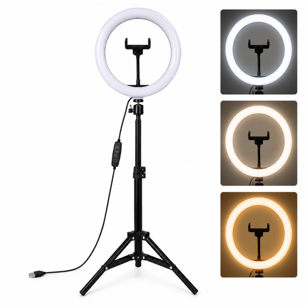Ring Light LED com Tripé Ajustável Suporte Celular USB 3 Cores Profissional Vídeos Fotos Câmera Selfie