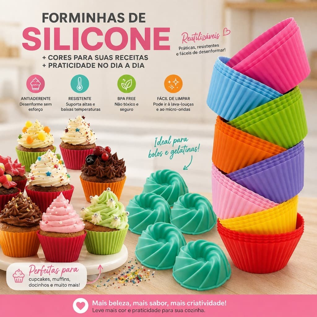 Conjunto Forminhas Silicone p/ cupcake bolinhos mousses gelatina Versátil antiaderente reutilizável