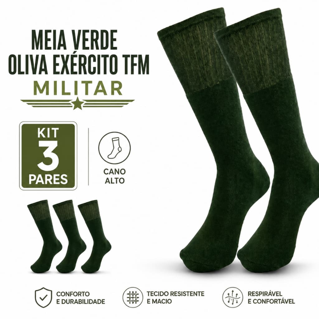 kit 3 Pares Meias Verde Oliva Exército Tfm Militar - Cano Alto