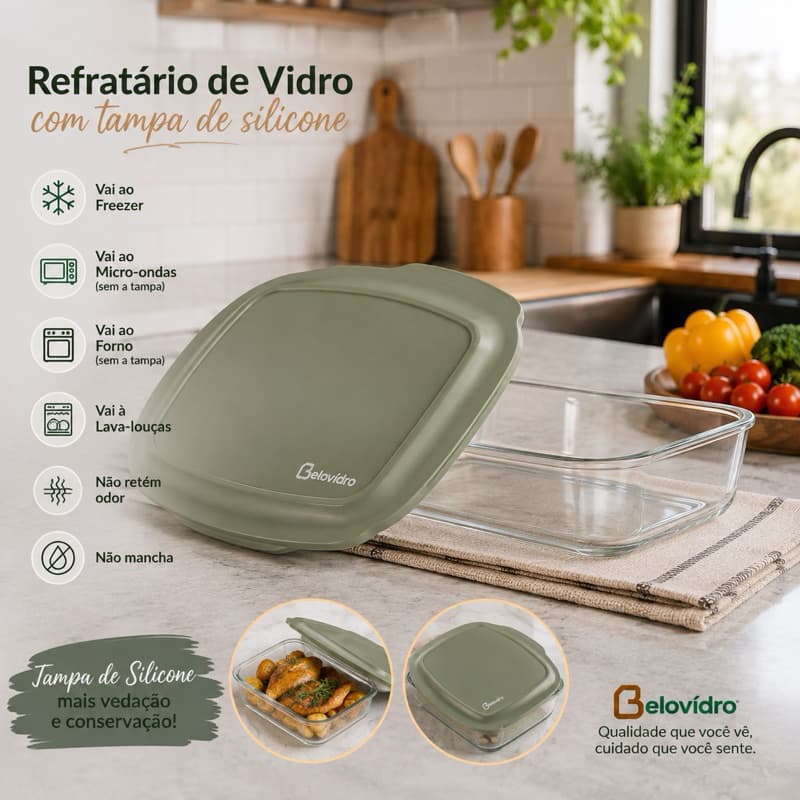 Refratário de Vidro 3,8 Litros com Tampa de Silicone Assadeira 1 ou 2 Unidades Forno, Freezer, Micro-ondas e Lava-Louças