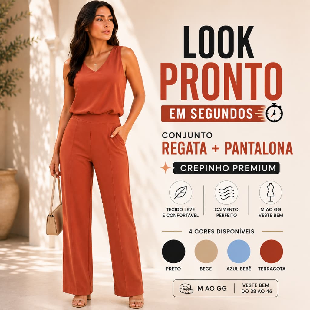 Conjunto Feminino Calça e Blusa Regata Gola V Crepinho Premium Elegante Casual Trabalho