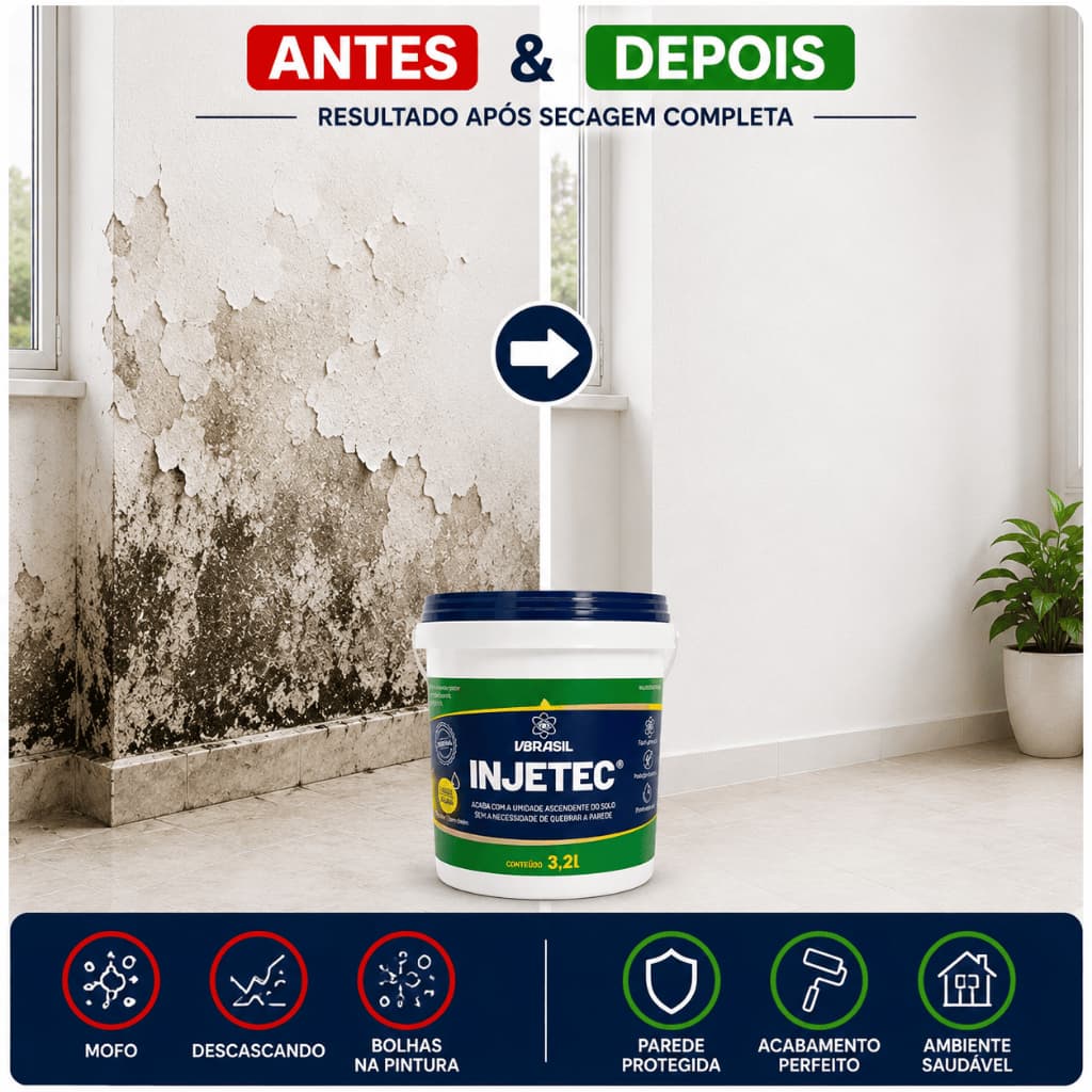 Injetec Impermeabilizante 3,2L Contra Umidade Ascendente Parede Muro Alvenaria Nano Partículas Pronto Uso