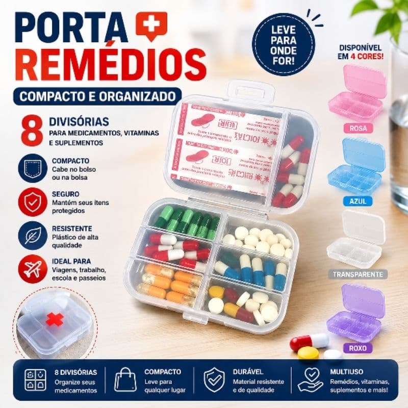 Porta Remédios Compacto 8 Divisórias Organizador de Comprimidos Vitaminas Cápsulas para Bolsa e Viagem