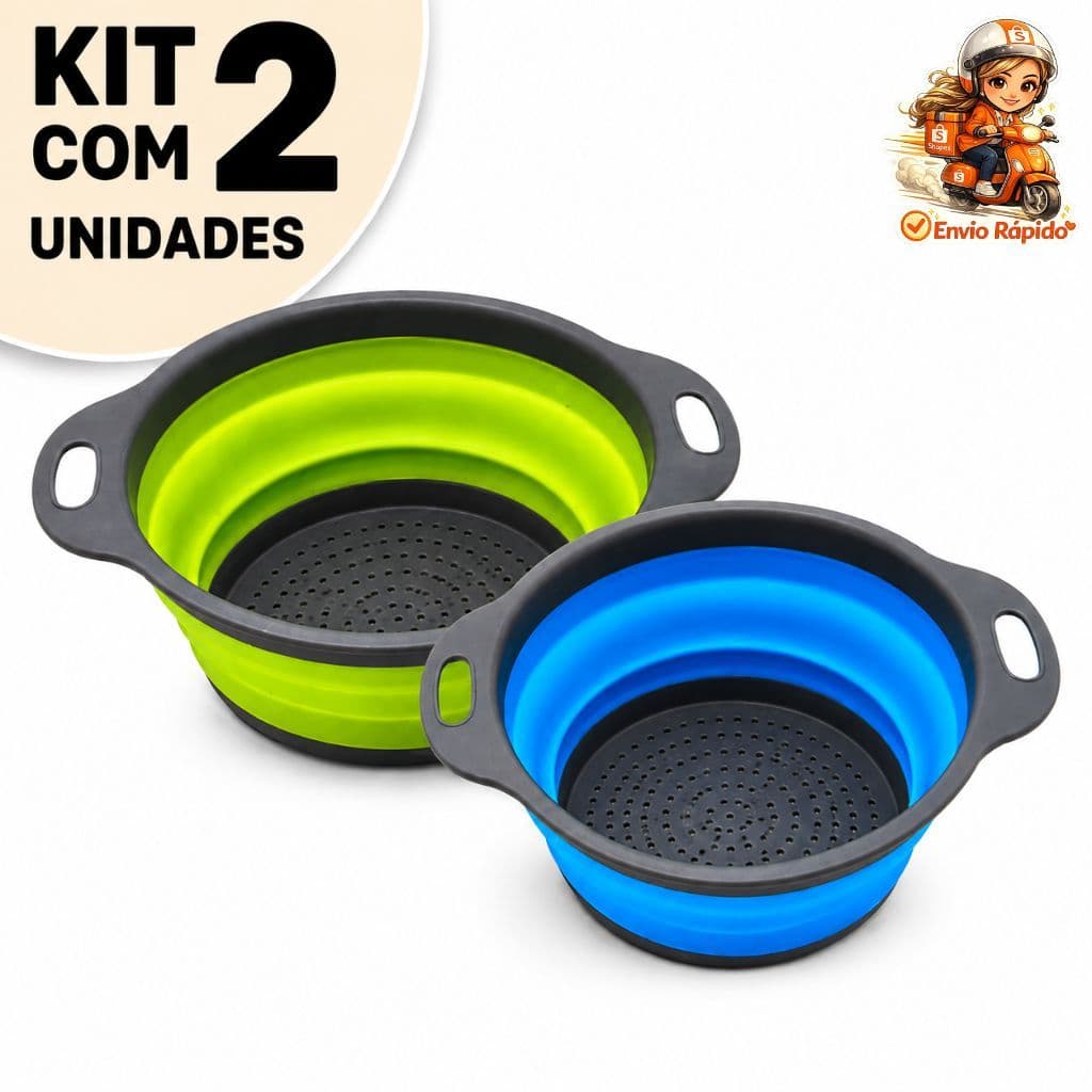 Kit 2 Escorredores Retráteis Silicone Para Cozinha Lavar Frutas Verduras Legumes Macarrão na Pia