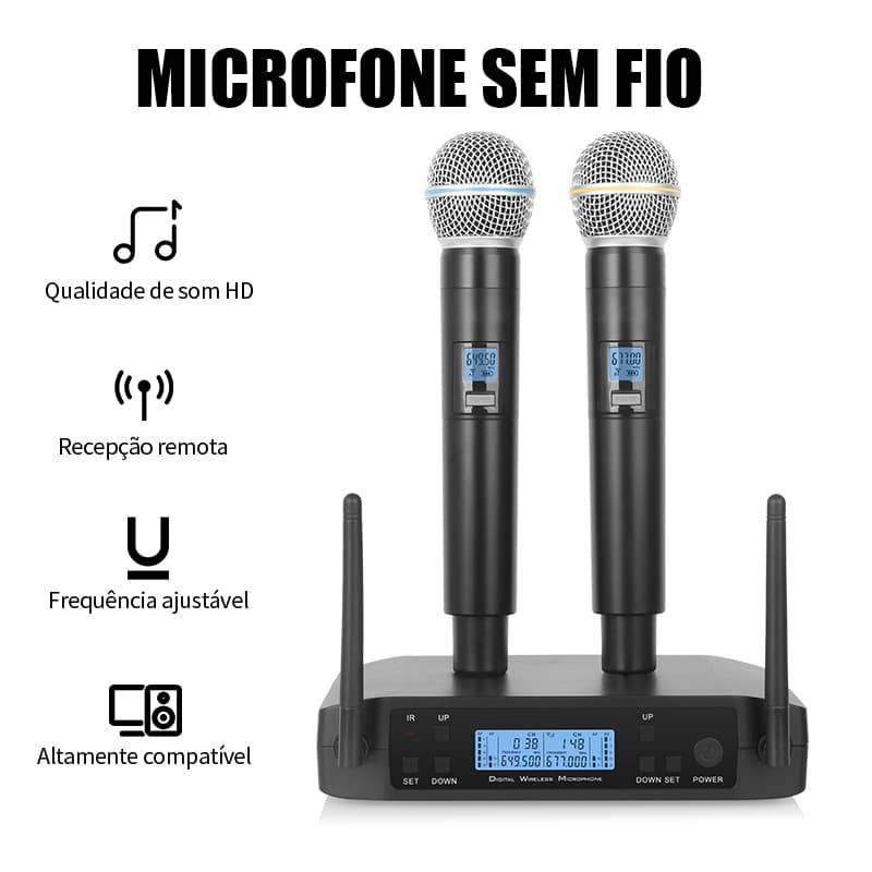 Microfone Sem Fio Duplo UHF Profissional, Alcance 100m, Som HD, Ideal para Karaokê, Palco, Palestras e Apresentações
