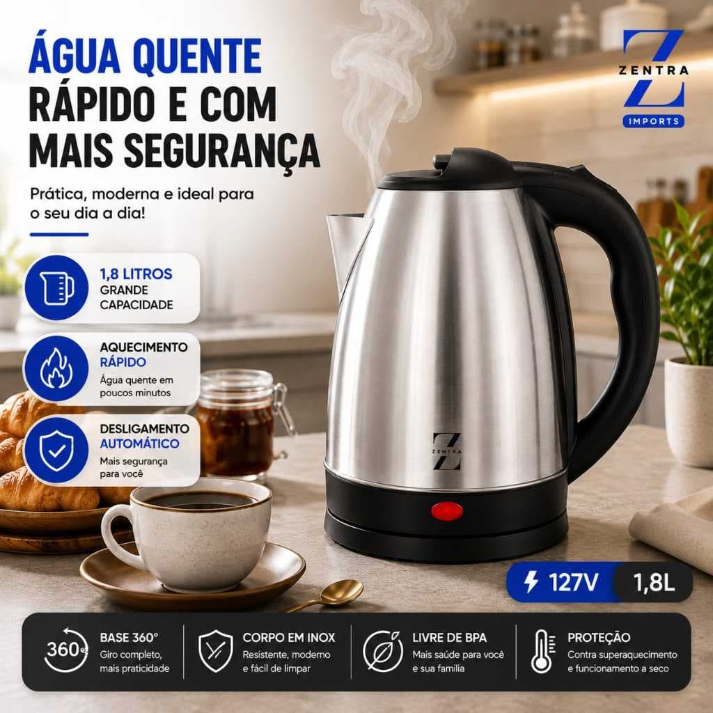Chaleira Elétrica de Aço Inox 1.8L de 110V Ferve Água Rápido