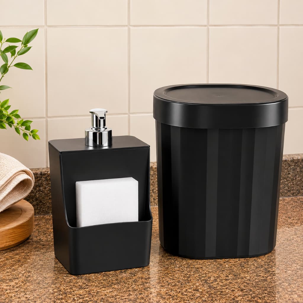 Kit Pia Cozinha Completo Lixeira 2,5L Porta Detergente Dispenser 550ml com Porta Bucha Preto