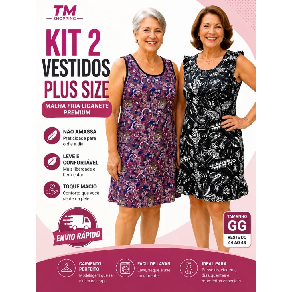 Kit 2 Vestidos Plus Size Feminino Malha Fria Liganete Vestido Casual Confortável Leve Não Amassa Secagem Rápida