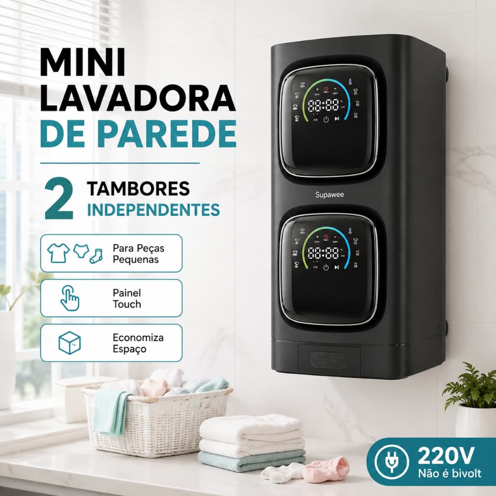 Mini Máquina de Lavar Roupa 2 Tambores 7L 220V Parede com Secagem UV para Bebê Íntimas Meias TADA