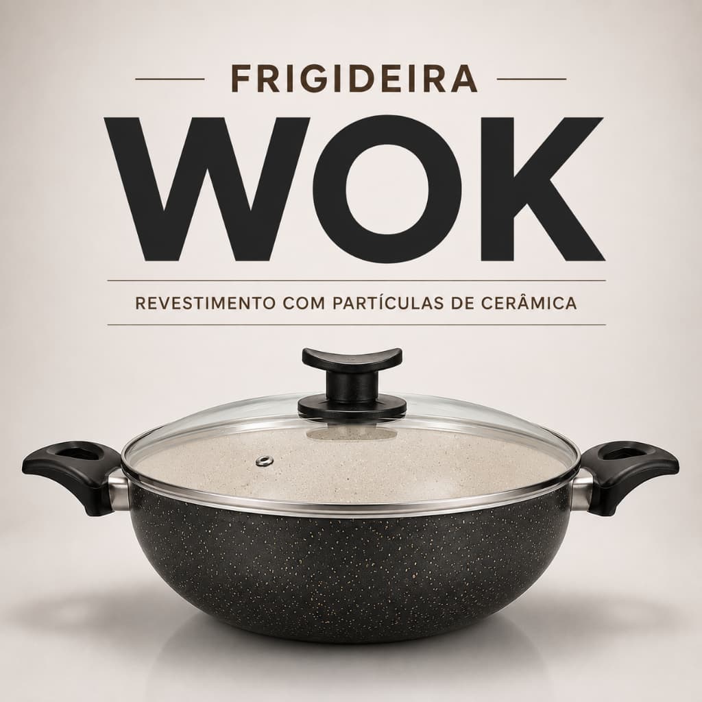 Frigideira Wok 28cm Antiaderente com Tampa de Vidro | Revestimento com Partículas de Cerâmica