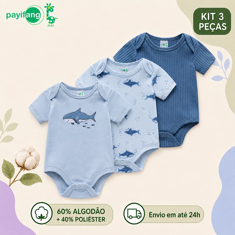 Payifang Kit 3 Bodies Bebê Menino Tubarão Manga Curta 60% Algodão Azul 3M 6M 9M