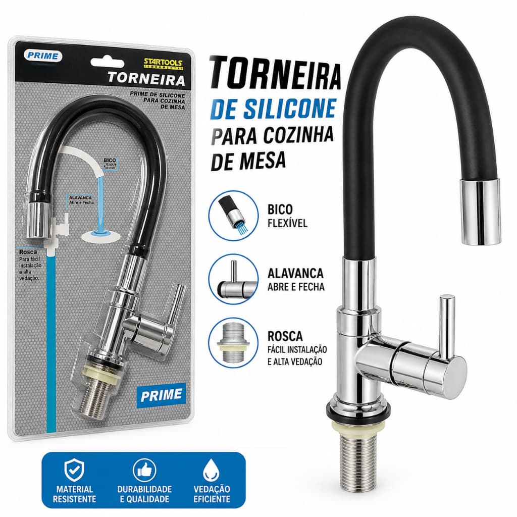 Torneira de Cozinha Flexível Bico Silicone Preto Cromado Bancada Mesa Pia Gourmet Antirrespingo Prática