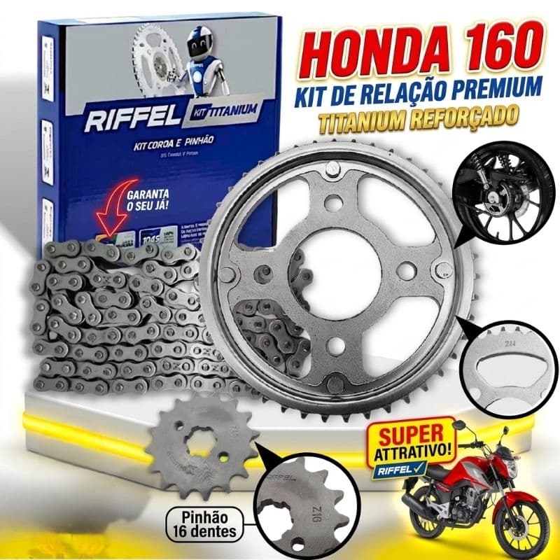 Kit Relação Transmissão Tração Honda Titan Fan Start 160 Riffel Aço 1045