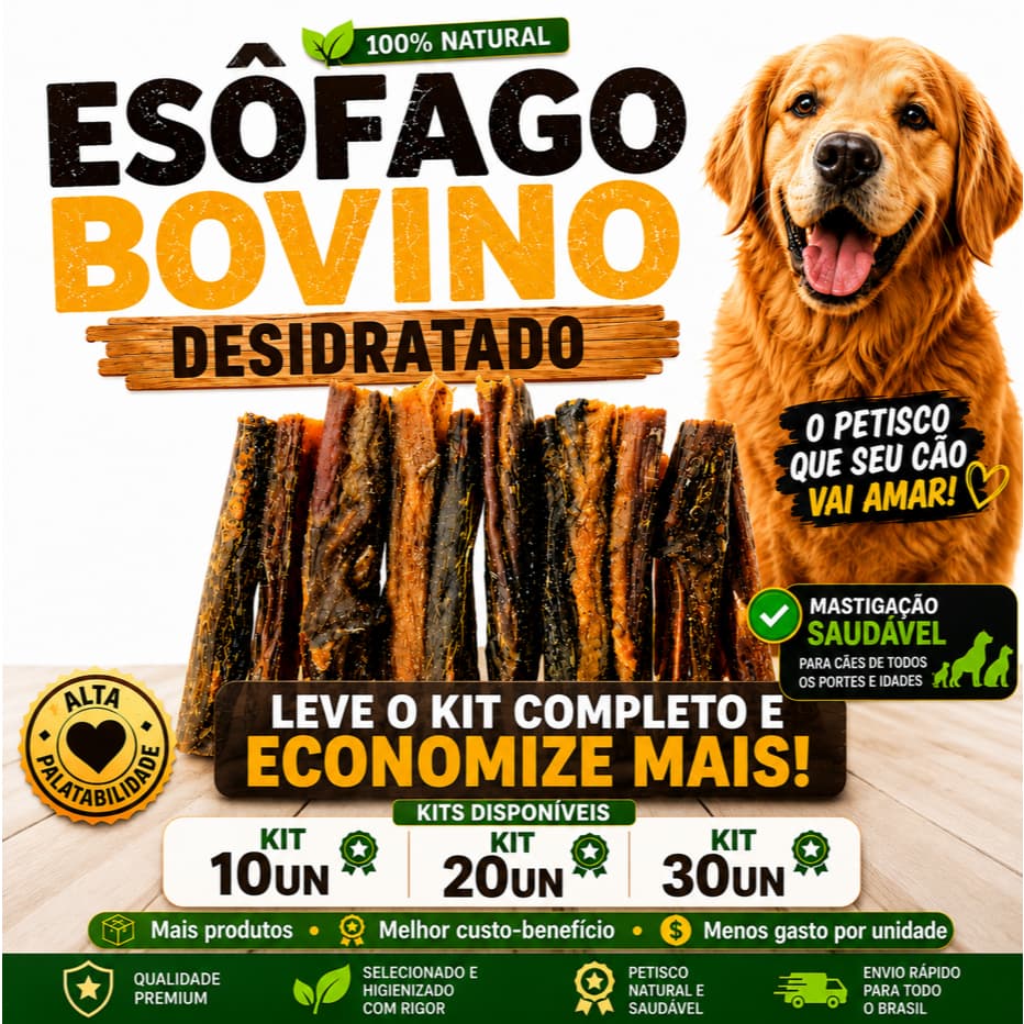 Kits Econômicos 10 20 ou 30 un Esôfago Bovino para Cães 100% Natural Petisco Pet Desidratado Premium