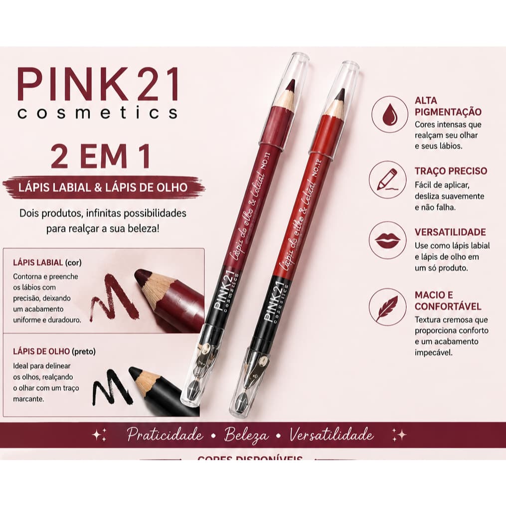 Lápis Labial Pink 21 2 em 1 para Lábios e Olhos | Cores Variadas | Alta Pigmentação