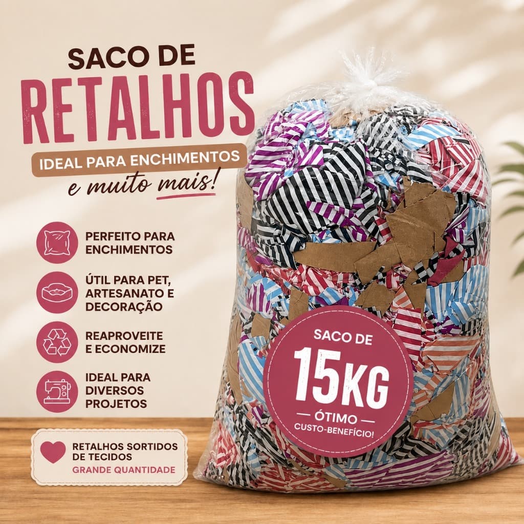 Retalho de Tecido 15 Kg Para Encher Saco de Pancada, Almofadas e Puff Saco de Retalho De Tecido Sortido