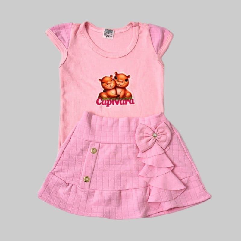 Blusinha e SAIA cor ROSA Moda infantil do 1 ao 6 Verão Confortavel Estampa sortida